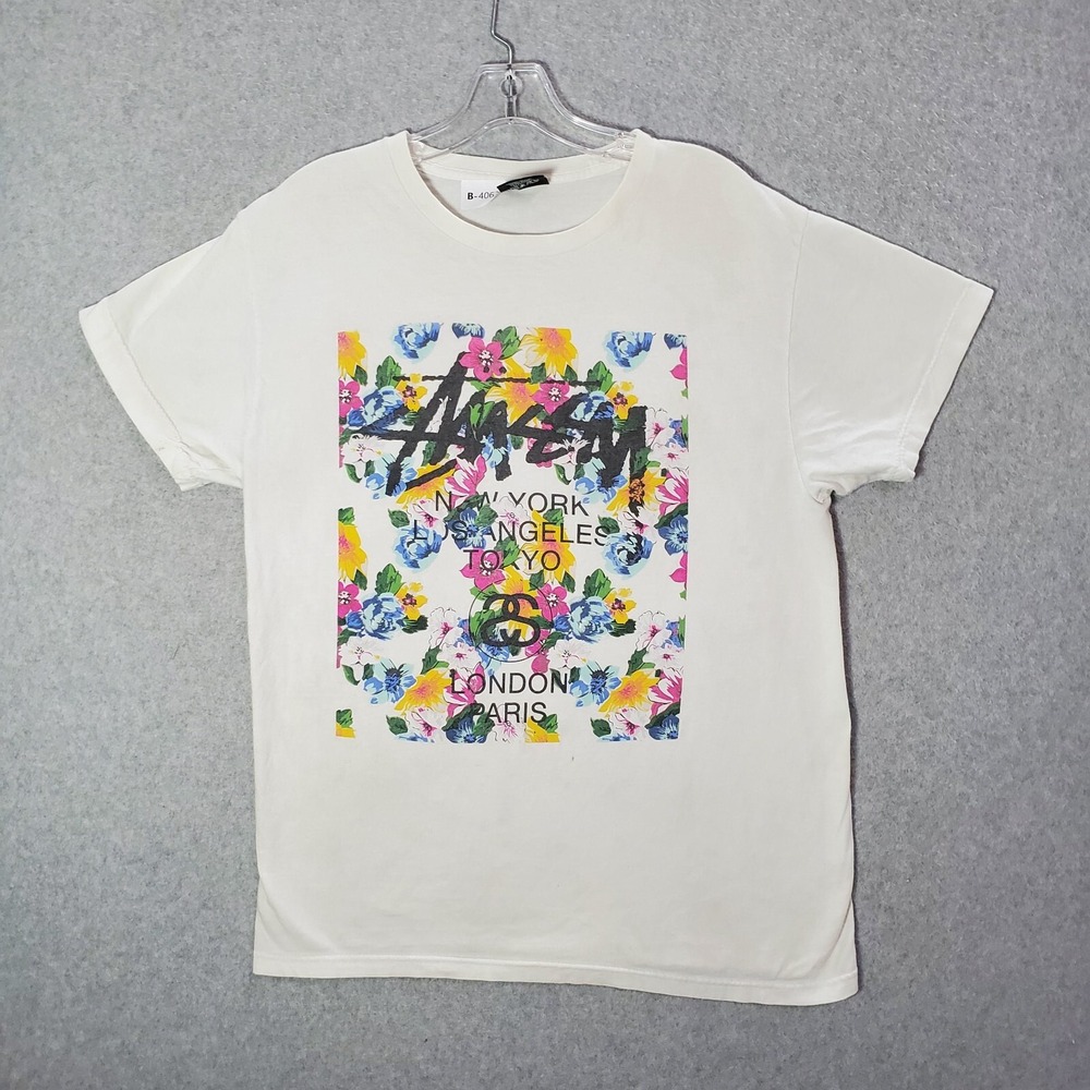 Stussy Men Shirt M White Floral New York Los Angeles Tokyo London Paris READ